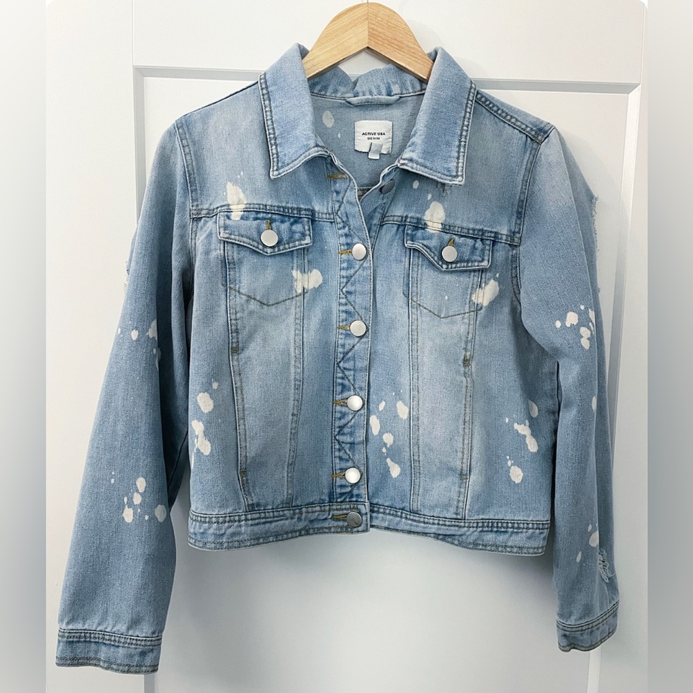 ACTIVE USA Denim Crop Jacket Large Bleach Spot Distressed Light Blue